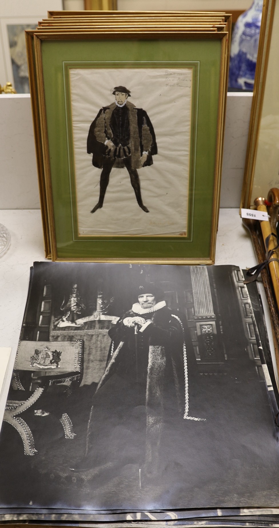 Margaret Furse, four pencil and watercolour costume designs, together with eight black and white photographs of Universal Pictures film, Mary, Queen of Scots, watercolours 39 x 27cm, photographs 61 x 50cm